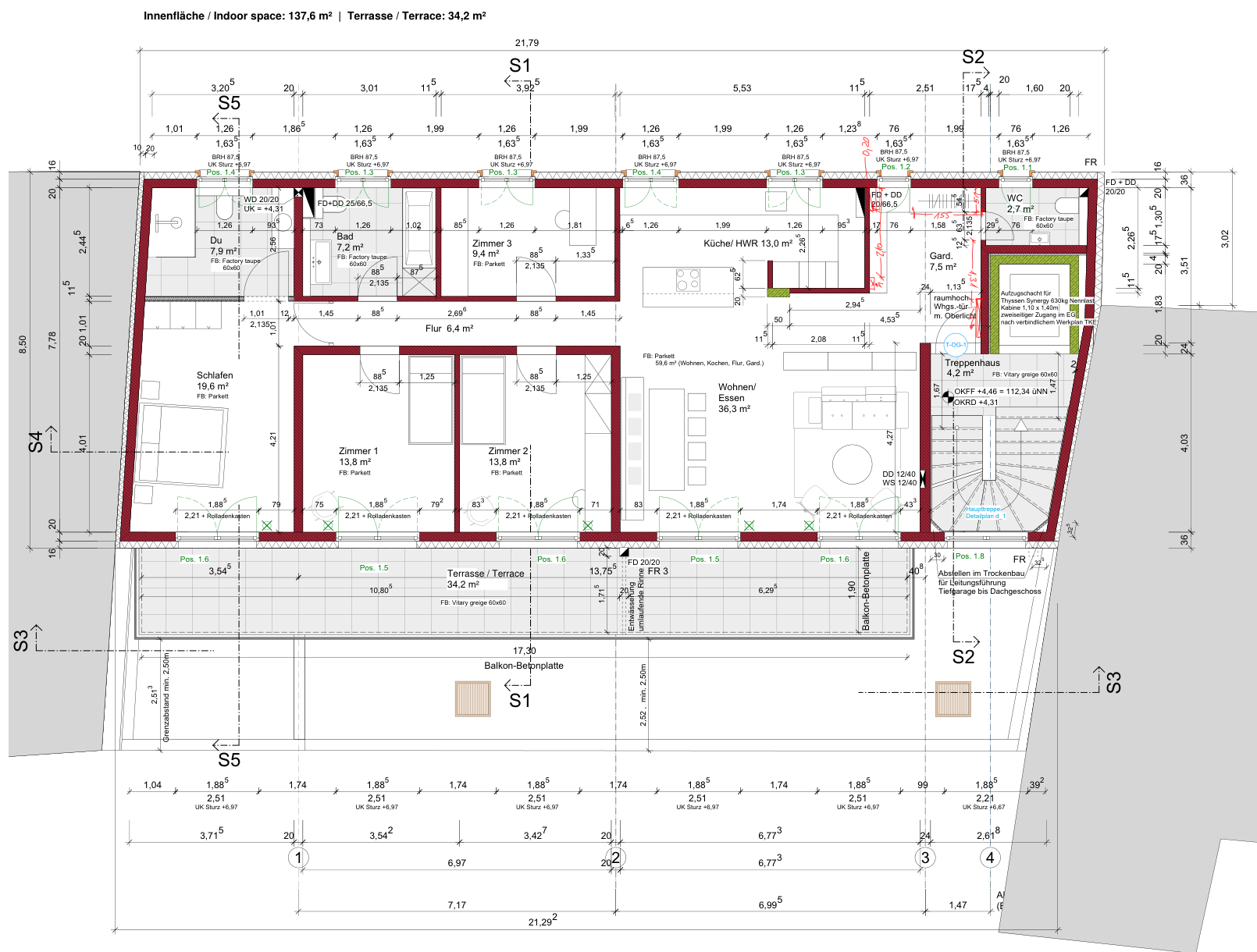 First-floor plan showing four bedrooms, an open living and dining area, kitchen, two bathrooms, a guest WC and the long terrace