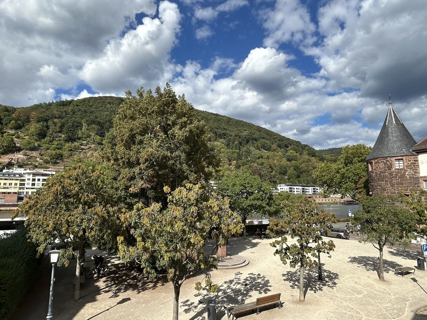 Outlook towards the Neckar, a historic tower and green hills beyond the river